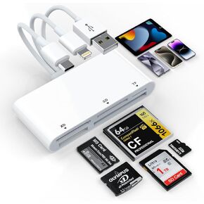 SD/TF/MS/CF/XD Card Reader for iPhone/iPad, 5-in-3 Lightning & USB-C & USB A Connector Memory SD Card Adapter, Multi Memory Card Reader High-Speed Trail Camera Viewer, Plug and Play, No App Required