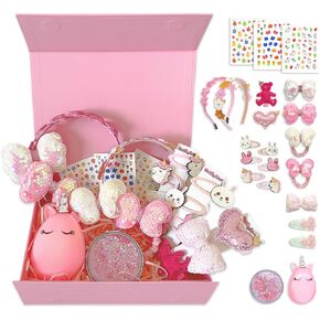 Hair Accessories Gift Set for Kids Pink Hair Clips Barrettes Ponytail Ties Bows Headbands with Mirror Unicorn Comb Gift Box for Daughter Teens Childs Little Girls
