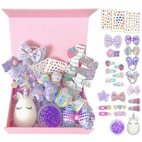 Hair Accessories Gift Set for Kids Pink Hair Clips Barrettes Ponytail Ties Bows Headbands with Mirror Unicorn Comb Gift Box for Daughter Teens Childs Little Girls