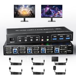 USB 3.0 HDMI Dual Monitors 4 Computers KVM Switch, Supports EDID, 4K@60Hz HDMI Dual Monitor Switch for 4 PCs with 3 USB3.0 and Audio Microphone Ports, 4 Port HDMI KVM Switch for 4PC