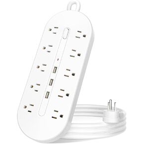 10 Outlet Power Strip with USB, HICITY Flat Plug Power Strip with 10 AC Outlet, 3 USB Ports, 6.5 FT Extension Cord, Multiple Outlet with Switch On/Off, Desk Charging Station for Home Office Dorm Room