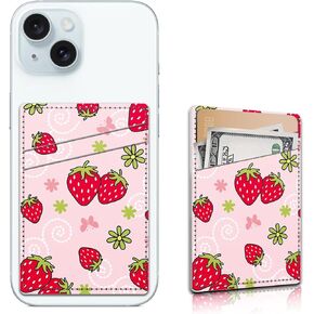 Phone Card Holder, Dual Pocket Leather Phone Wallet Adhesive Stick On, Cute Card Holder, Credit Card Holder for Phone Case Compatible with Most Phone（Cute Dragonflies