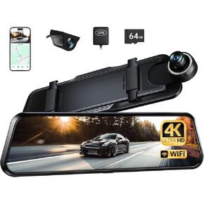 P10 Plus 4K WiFi Mirror Dash Cam, Rear View Mirror Camera w/Smart Driving System ADAS/BSD/LCA, Dash Cam Front and Rear Backup Camera for Cars, 64GB Card Included, GPS, WDR Night Vision