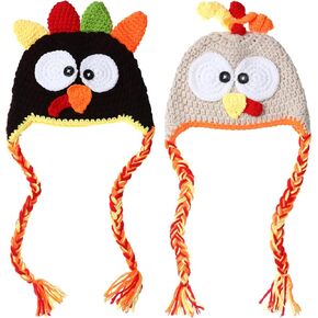 Geyoga 2 Pcs Baby Turkey Hat Newborn Thanksgiving Outfits Knitted Beanie Cap Infant Crochet Hat for Baby Girl Boy Halloween Photo Prop