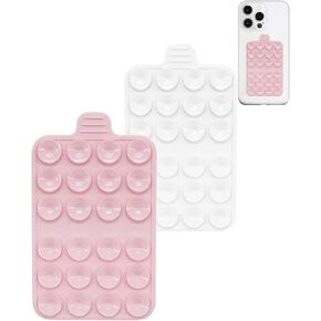 2 Pack Phone Sticky Grip, Double Sided Non-Slip Adhesive Silicone Cup Suction Phone Case Mount, Hands-Free Strong Grip Holder for Selfies and Videos (White & Pink)