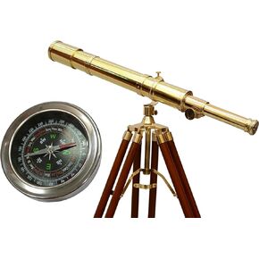 Nautical Marine Navy Telescope Solid Brass Shiny Brass Telescope Design by Indian Artisan with Wooden Tripod Adjustable Brown Stand with Free Chrome Compass