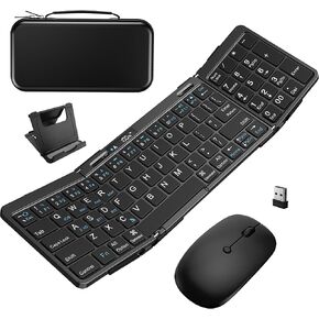 Foldable Keyboard and Mouse, EDJO Folding Keyboard Mouse Combo with Portable Case, 2.4G Wireless & Bluetooth, USB-C Rechargeable Travel Keyboard Mouse for Windows, Mac OS, iOS, Android Laptop/Tablet