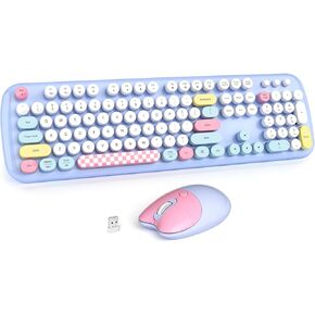 Wireless Keyboard and Mouse Combo for Windows, MOWUX 2.4G Full-Sized External Cordless Computer Keyboard, Compact Mouse, 8 Multimedia and Shortcut Keys, for PC, Laptop - Light Blue Colorful