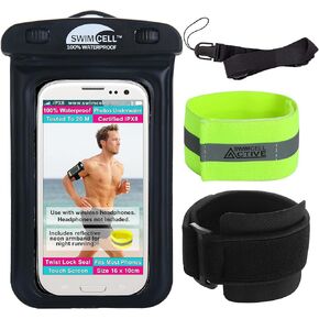 Waterproof Phone Holder Armband Case - for Swimming Running Walking with Headphone Jack. Fits All Standard Size Phones up to 15cm- iPhone, Samsung Galaxy S. Android.