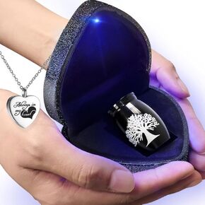 Small Urns for Human Ashes Keepsake with Urn Necklace - Mini Cremation Urn with Heart Case (Battery Replaceable) - Tiny Baby Urn Ashes Holder - Tree of Life Miniature Memorial Urn Black