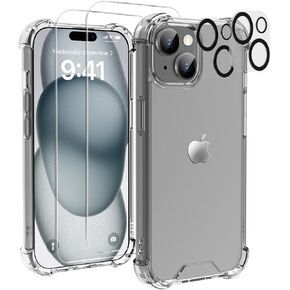 for iPhone 15 Plus Case Clear - 5-in-1 Camera Lens and Glass Screen Protector Not Yellowing