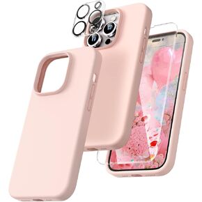 TOCOL [5 in 1 for iPhone 13 Pro Max Case, with 2 Pack Screen Protector + 2 Pack Camera Lens Protector, Slim Liquid Silicone Phone Case 6.7 Inch, [Anti-Scratch] [Drop Protection],Pink