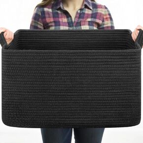 Large Toy Basket, Rectangle Baby Blanket Basket, Kids Toy Storage Baskets, Woven Rope Basket for Blankets, Laundry Basket for Dirty Clothes, Shoes, Nursery Organizer Bins (Dark Grey)