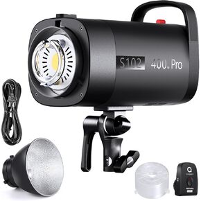 NEEWER S102-400W PRO ضوء فلاش ستروب مع مشغل 2.4G، 400Ws GN62 5600K مع مصباح النمذجة LED 30W Bowens Mount عاكس S1/S2 وضع مروحة صامتة لتصوير المنتجات الشخصية، دعم QPRO in Kuwait
