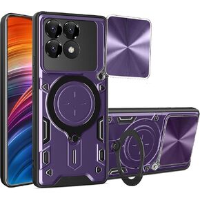 Ysnzaq Armor Case for Xiaomi Redmi K70 Pro/Poco F6 Pro 5G, Lens Sliding Phone Cover with Magnetic Coil Bracket for Xiaomi Redmi K70 Pro/Poco F6 Pro 5G CQ Black