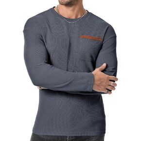 JMIERR Men's T-Shirt Waffle Textured Knit Drop-Shoulder Long Sleeve Tops Hipster Hip Hop Longline Crewneck Tees with Pocket