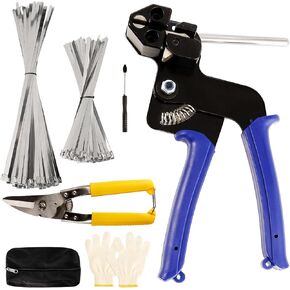 Heavy Steel Zip Ties Tool, Stainless Steel Cable Ties Gun Kit, Metal Zip Ties Tool, Duty Outdoor Adjustable Fastening Cutting Tie Tool Sets with 200pcs Self-Locking Metal Steel Wire Ties (Two Size)