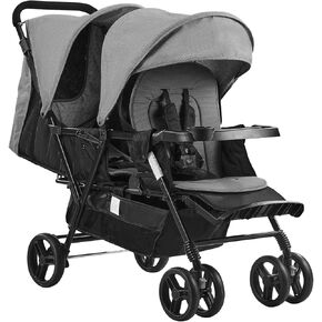 VEVOR Double Stroller, Foldable Lightweight Twin Stroller with Tandem Seating, Adjustable Backrest/Footrest, Wrap-Around Safety Harness, Storage Basket & Tray, for Newborn and Toddler (Dark Gray)