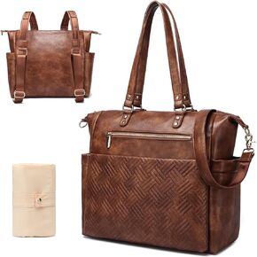 Large Leather Diaper Bag, Tote Diaper Bag Leather Modern, Travel Essential, Diaper Bag Backpack with Changing Pad, Laptop Compartment, Multiple Pockets, Brown Diaper Bag Leather