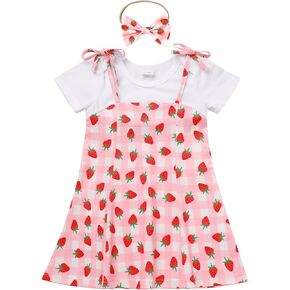 ODASDO Toddler Kids Baby Girl Strawberry Watermelon Flower Print Fake Two Piece Cotton Dress Summer Casual Playwear