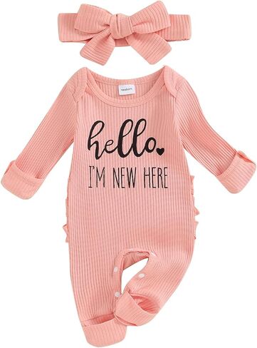 BULINGNA Newborn Baby Girl Coming Home Outfit Hello I'm New Here Ribbed Footie Romper Jumpsuit with Headband Fall Clothes in Saudi Arabia