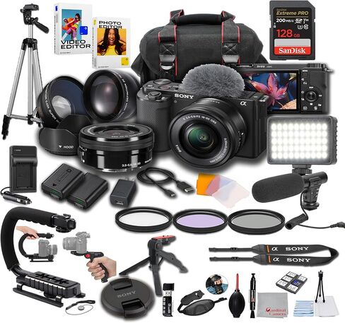 Sony ZV-E10 + 16-50mm Lens, LED Light, Microphone, 128GB Extrem Speed, U-Grip, Filters, Tripod, Case, Software, & More – Pro Video Bundle (38pc) in Saudi Arabia
