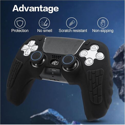 حافظة غطاء وحدة التحكم ECHZOVE PS5، غطاء سيليكون مضاد للانزلاق لجهاز التحكم PS5 مع أغطية قبضة الإبهام، واقيات عصا التحكم وملصق تغليف الغطاء (عبوتان) باللون الأسود بالكامل in Kuwait