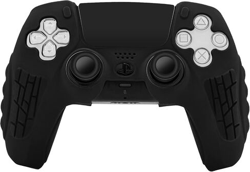 حافظة غطاء وحدة التحكم ECHZOVE PS5، غطاء سيليكون مضاد للانزلاق لجهاز التحكم PS5 مع أغطية قبضة الإبهام، واقيات عصا التحكم وملصق تغليف الغطاء (عبوتان) باللون الأسود بالكامل in Kuwait