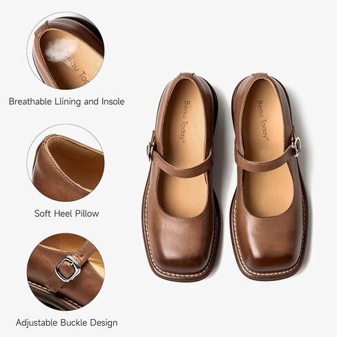 أحذية BEAU TODAY Mary Jane للسيدات، أحذية Mary Janes المسطحة، أحذية باليه مسطحة من الجلد بمقدمة مربعة أنيقة، أحذية مسطحة بحزام الكاحل مريحة للعمل للنساء الأنيقة in Kuwait