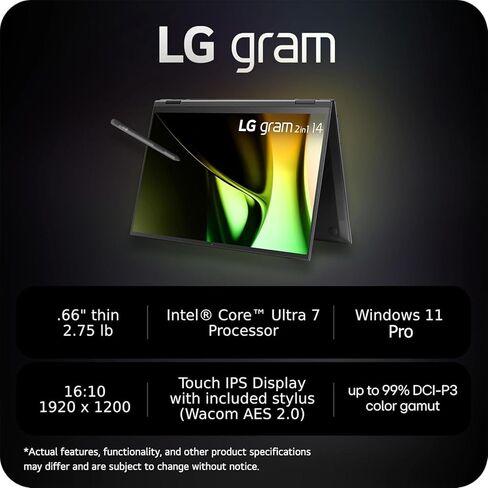 LG gram 14 كمبيوتر محمول 2 في 1 - شاشة WUXGA تعمل باللمس - Intel Core Ultra 7 155H 16 Core - ذاكرة وصول عشوائي 32 جيجابايت - SSD 2 تيرابايت - Intel Evo - لوحة مفاتيح بإضاءة خلفية - رفيع للغاية - جهاز لوحي - Windows 11 Pro in Saudi Arabia
