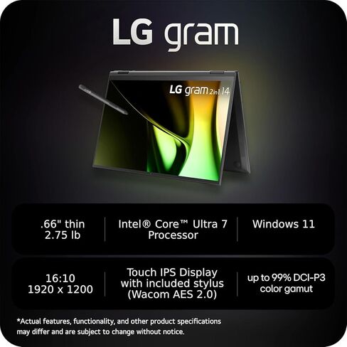 LG gram 14 كمبيوتر محمول 2 في 1 - شاشة WUXGA تعمل باللمس - Intel Core Ultra 7 155H 16 Core - ذاكرة وصول عشوائي 32 جيجابايت - SSD 2 تيرابايت - Intel Evo - لوحة مفاتيح بإضاءة خلفية - رفيع للغاية - جهاز لوحي - Windows 11 Pro in Saudi Arabia