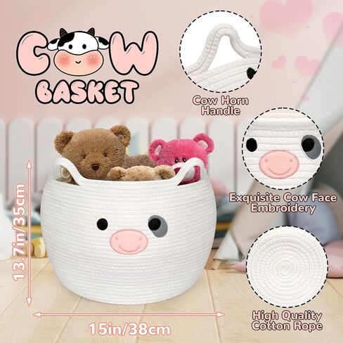 Cow Woven Baskets Cotton Rope Storage Basket, Large Cow Toy Basket with Handle, Cute Animal Baby Laundry Basket, Nursery Basket Organizer, Baby Shower Gifts Pet Toy Storage 15"D x 13.7"H in Kuwait