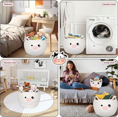 Cow Woven Baskets Cotton Rope Storage Basket, Large Cow Toy Basket with Handle, Cute Animal Baby Laundry Basket, Nursery Basket Organizer, Baby Shower Gifts Pet Toy Storage 15"D x 13.7"H in Kuwait