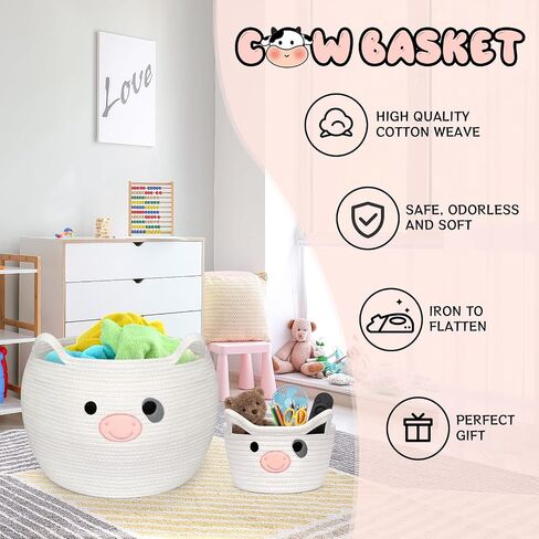 Cow Woven Baskets Cotton Rope Storage Basket, Large Cow Toy Basket with Handle, Cute Animal Baby Laundry Basket, Nursery Basket Organizer, Baby Shower Gifts Pet Toy Storage 15"D x 13.7"H in Kuwait