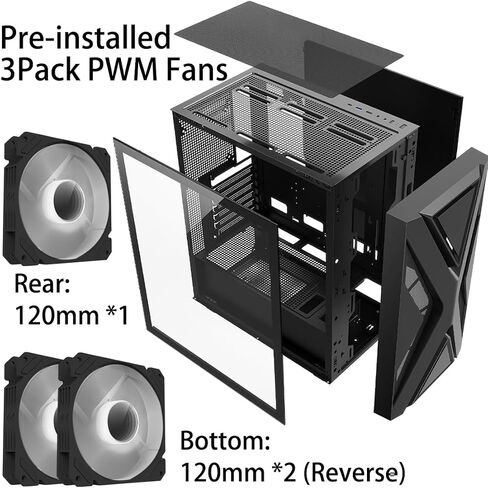 ATX PC Case with 3pack 120mm PWM Fans Included, Full Tower Computer case with Dual-Chamber Layout, Tempered Glass Panel Desktop Gaming Computer case Support EATX mobo/Front 360mm RAD-Black in Saudi Arabia