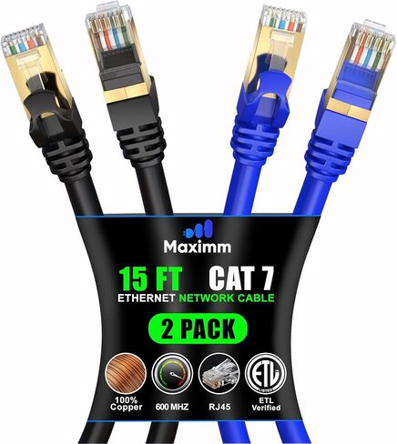 كابل إيثرنت Cat 7 بطول 15 قدمًا - كبل توصيل إنترنت وشبكة LAN عالي السرعة، وموصلات RJ45 - بطول 15 قدمًا / أسود وأزرق / عبوتان - مثالي للألعاب والبث والمزيد in Saudi Arabia