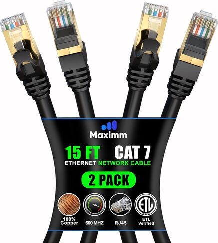 كابل إيثرنت Cat 7 بطول 15 قدمًا - كبل توصيل إنترنت وشبكة LAN عالي السرعة، وموصلات RJ45 - بطول 15 قدمًا / أسود وأزرق / عبوتان - مثالي للألعاب والبث والمزيد in Saudi Arabia