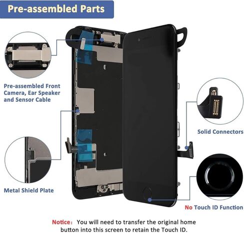 Yodoit for iPhone 8 Plus Screen Replacement LCD With Home Button, Ear Speaker, Front Camera, 5.5" LCD Display Touch Digitizer + Complete Tool Kit, Screen Protector Black in Kuwait