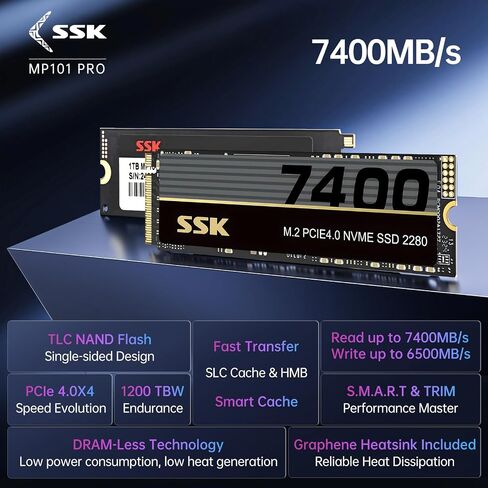 SSK M.2 NVMe SSD 1 تيرابايت، PCIe Gen 4.0 x4 M.2 2280 SSD حتى 7400 ميجابايت/ثانية، بطاقة NVMe 2.0 SSD داخلية للألعاب SSD محركات أقراص الحالة الصلبة تدعم استهلاك الطاقة المنخفض بدون DRAM، زخرفة، متضمنة مبدد حرارة الجرافين in Saudi Arabia