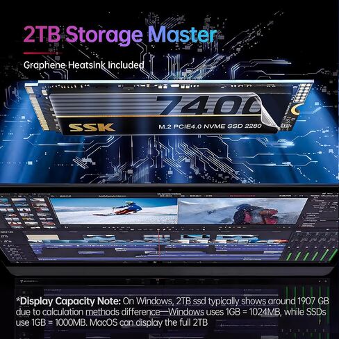 SSK M.2 NVMe SSD 1 تيرابايت، PCIe Gen 4.0 x4 M.2 2280 SSD حتى 7400 ميجابايت/ثانية، بطاقة NVMe 2.0 SSD داخلية للألعاب SSD محركات أقراص الحالة الصلبة تدعم استهلاك الطاقة المنخفض بدون DRAM، زخرفة، متضمنة مبدد حرارة الجرافين in Saudi Arabia