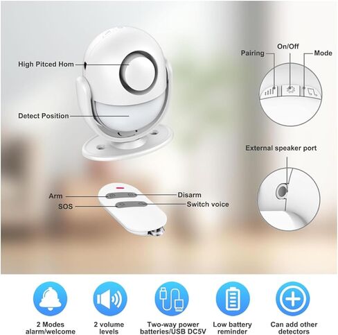 جهاز استشعار الحركة إنذار لاسلكي للكشف عن الحركة 125 ديسيبل بصوت عالٍ مع جهاز تحكم عن بعد بطول 328 قدمًا، إنذار نافذة داخلي وخارجي لتحية الباب / تنبيه الدخول / الفناء / رعاية المسنين in Kuwait
