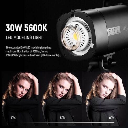 NEEWER S102-400W PRO Strobe Flash Light with 2.4G Trigger, 400Ws GN62 5600K with 30W LED Modeling Lamp Bowens Mount Reflector S1/S2 Mode Silent Fan for Portrait Product Photography, QPRO Supported in Saudi Arabia