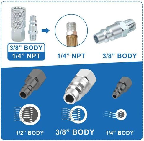 3/8’’ High Flow Air Hose Fittings Set, 3PCS 3/8 Body I/M Industrial Air Coupler and 8PCS 3/8 Body Air Plug with 1/4 Inch NPT Threads Size, 12PCS Air Compressor Accessories Quick Connect Set in Kuwait