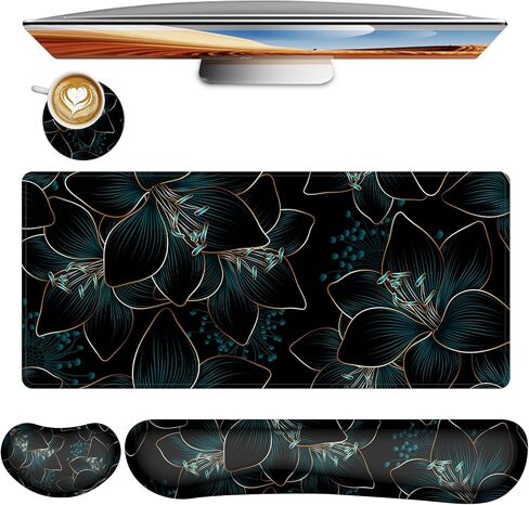 Keyboard Mouse Pad Set,Large Gaming Mouse Pad+Keyboard Wrist Rest+Mouse Wrist Rest+Coaster,Computer Mousepad Wrist Support for Office Desktop Laptop. (35.4" x 15.7") Extended Desk Mat (Floral) in Saudi Arabia