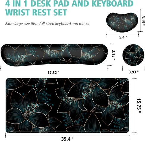 Keyboard Mouse Pad Set,Large Gaming Mouse Pad+Keyboard Wrist Rest+Mouse Wrist Rest+Coaster,Computer Mousepad Wrist Support for Office Desktop Laptop. (35.4" x 15.7") Extended Desk Mat (Floral) in Saudi Arabia