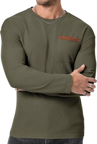 JMIERR Men's T-Shirt Waffle Textured Knit Drop-Shoulder Long Sleeve Tops Hipster Hip Hop Longline Crewneck Tees with Pocket in Saudi Arabia