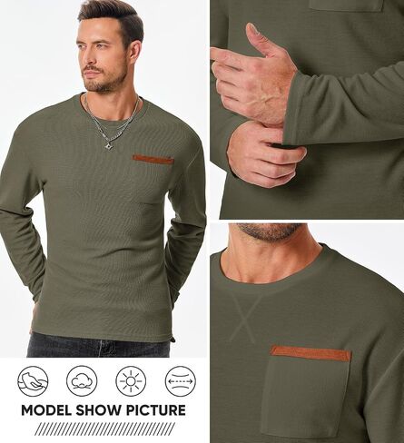 JMIERR Men's T-Shirt Waffle Textured Knit Drop-Shoulder Long Sleeve Tops Hipster Hip Hop Longline Crewneck Tees with Pocket in Saudi Arabia