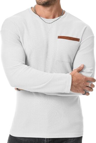 JMIERR Men's T-Shirt Waffle Textured Knit Drop-Shoulder Long Sleeve Tops Hipster Hip Hop Longline Crewneck Tees with Pocket in Saudi Arabia