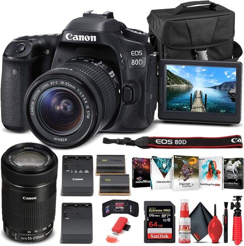 كاميرا Canon EOS 80D DSLR مع عدسة 18-55 مم (1263C005) + عدسة EF-S 55-250 مم + بطاقة ذاكرة سعة 64 جيجابايت + حقيبة + برنامج Corel للصور + بطارية LPE6 + شاحن خارجي + قارئ بطاقات + المزيد (متجددة) in Saudi Arabia