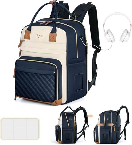Extra Large Diaper Bag for 2 Kids, Diaper Bag Backpack, Twin Diaper Bag 25-37L Expandable with Changing Pad and Earphone Hole, Bag-Apricot & Blue in Saudi Arabia